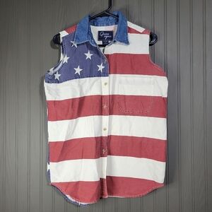 Quizz Again Sleeveless Button Down Tank Top Shirt American Flag Print Women's M